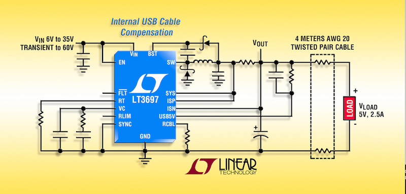Linear's 5V, 2.5A USB, 35V-input buck regulator offers cable drop compensation